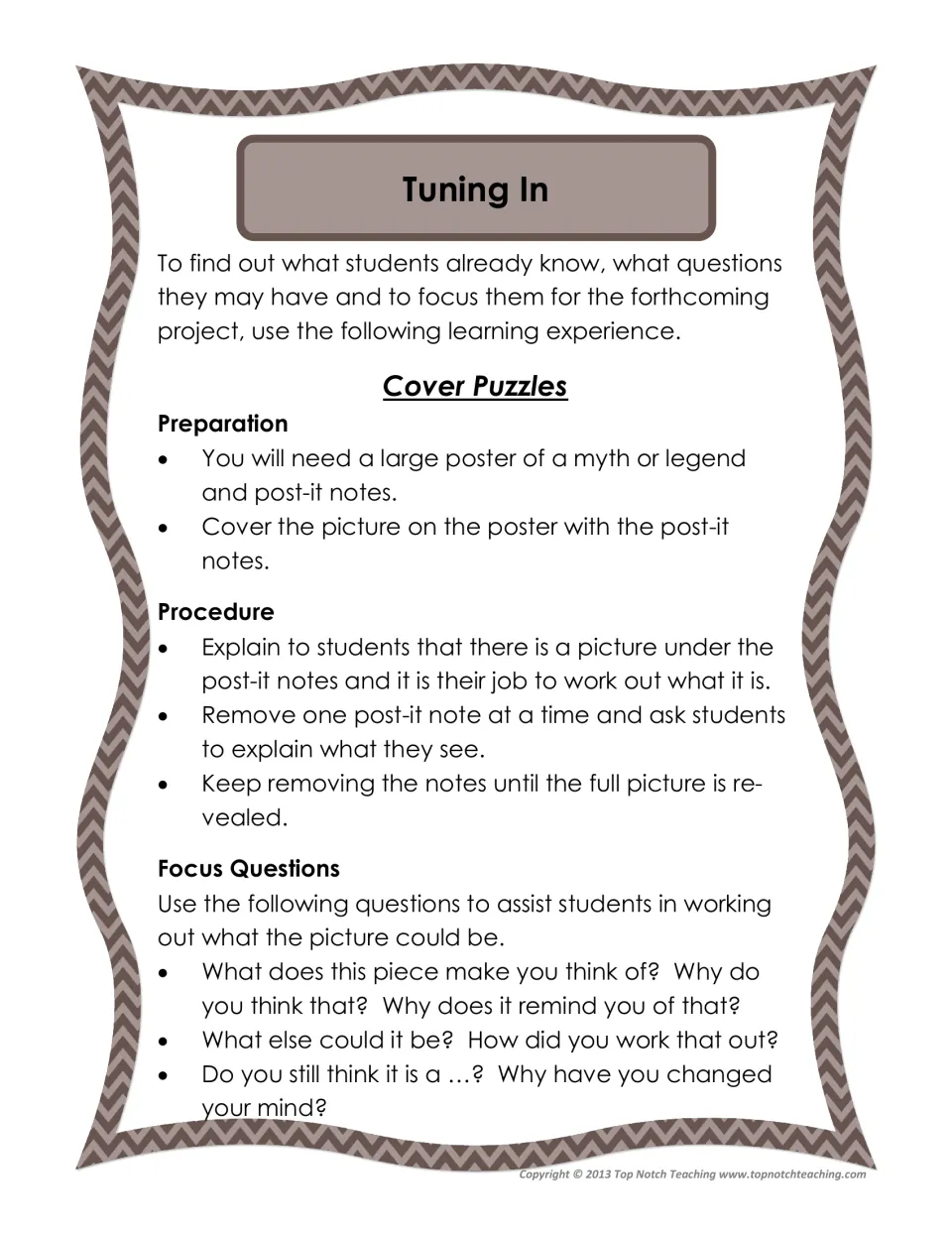 Project opening activity uses sticky notes to reveal a myth or legend poster, with questions to guide predictions