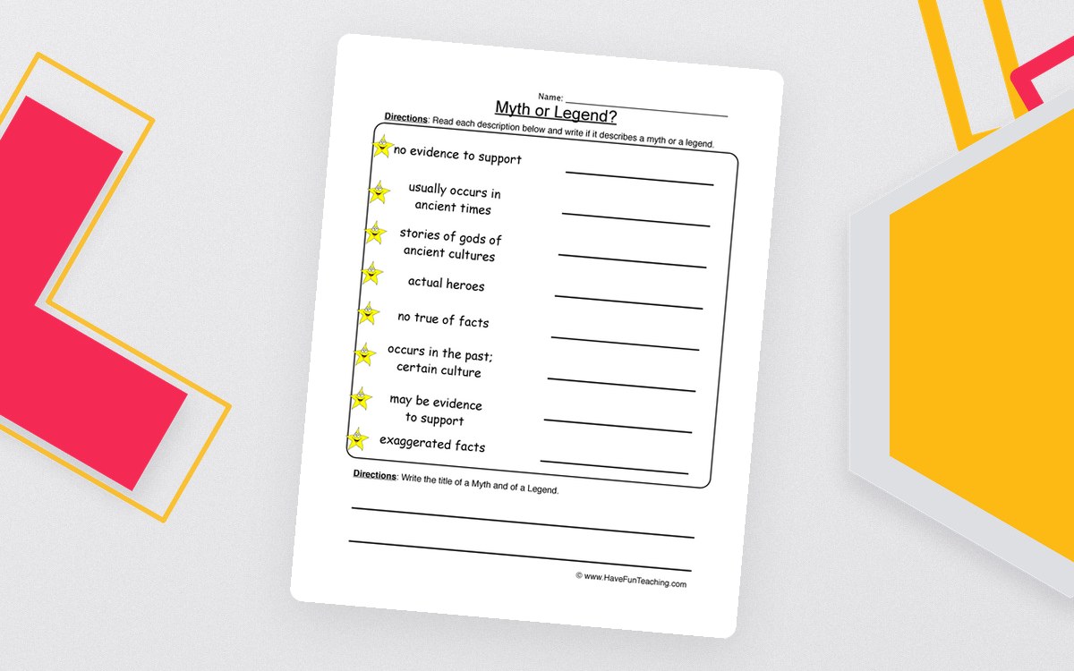 Myth or Legend worksheet with characteristic statements, classification lines, and example-title prompts.