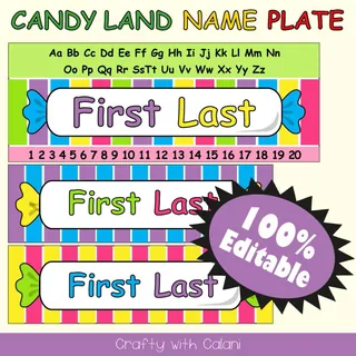 Name Plate Labels in Candy Land Theme - 100% Editable – cover