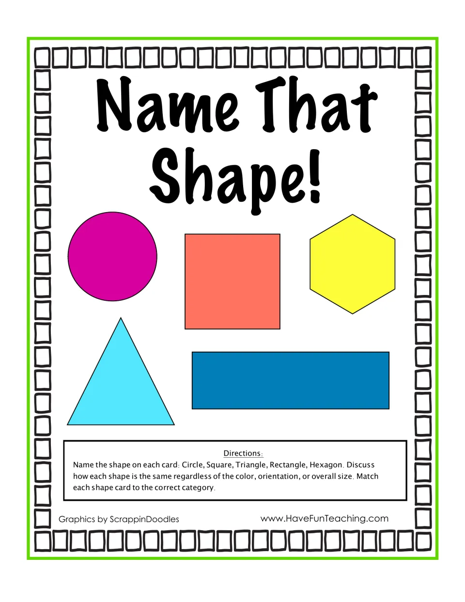 Name That Shape! cover: circle, square, hexagon, triangle and rectangle with directions to name and sort each shape card