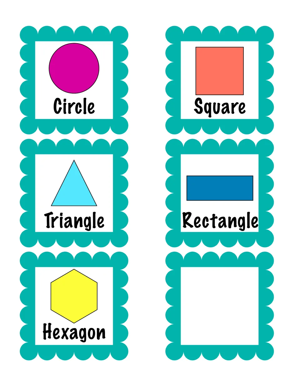 Shape category header cards labeled Circle, Square, Triangle, Rectangle and Hexagon with pictures, plus one blank card