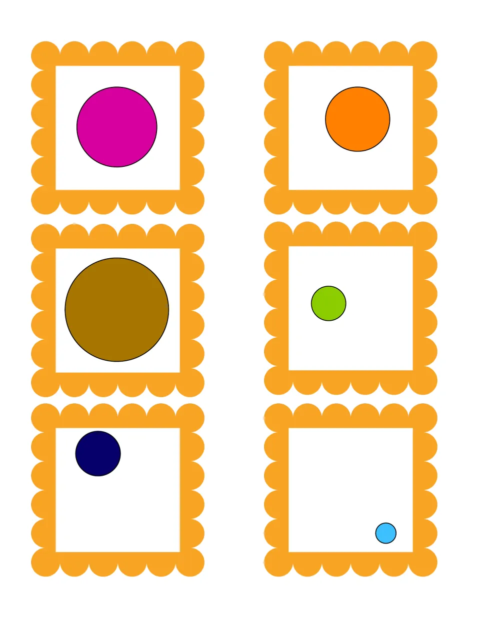Circle sorting cards: six circles in different colors, sizes and positions for students to match to the circle group