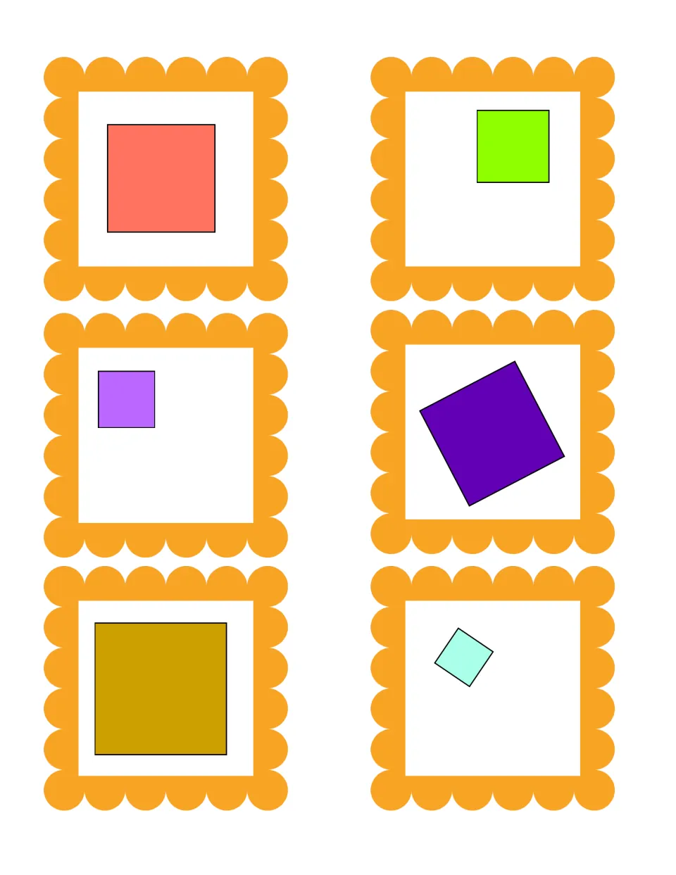 Square sorting cards: six squares of varied color and size, two of them tilted, to name and match to the square group