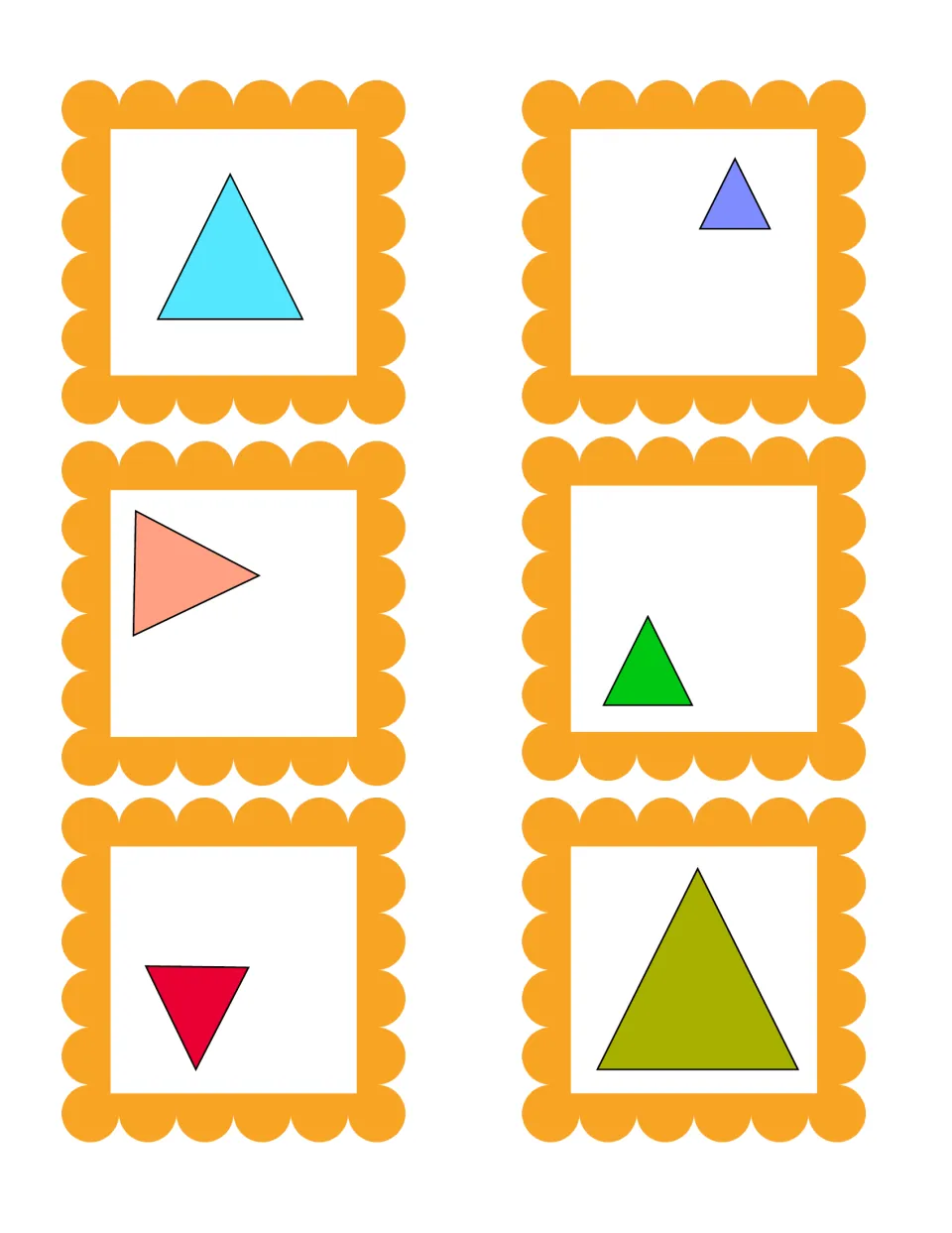 Triangle sorting cards: six triangles in different colors and sizes, some turned sideways or upside down, to name and sort