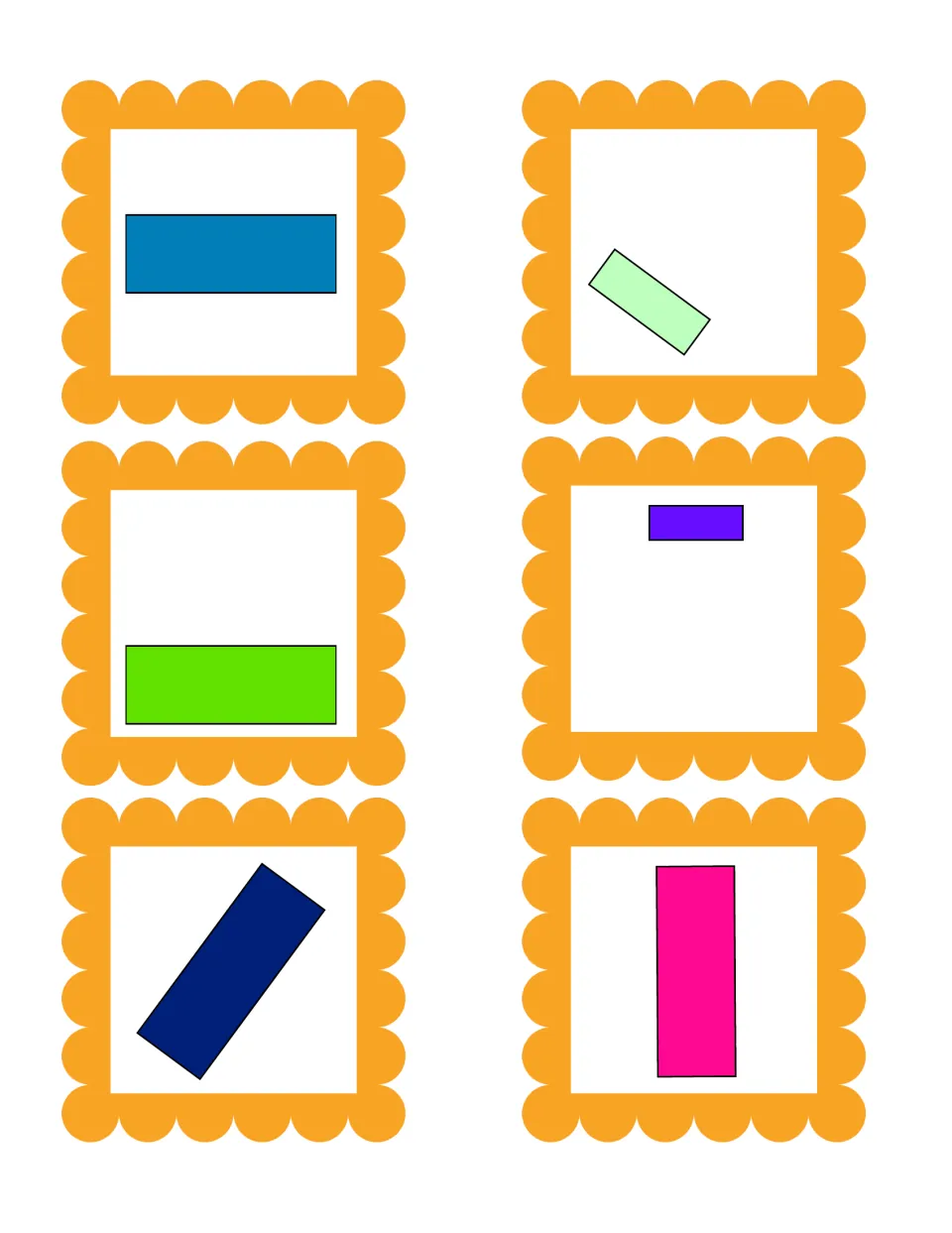 Rectangle sorting cards: six rectangles, long, short, upright and slanted, for matching to the rectangle group