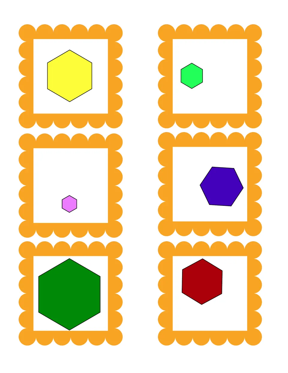Hexagon sorting cards: six six-sided shapes from tiny to large in assorted colors, a few rotated, to identify as hexagons