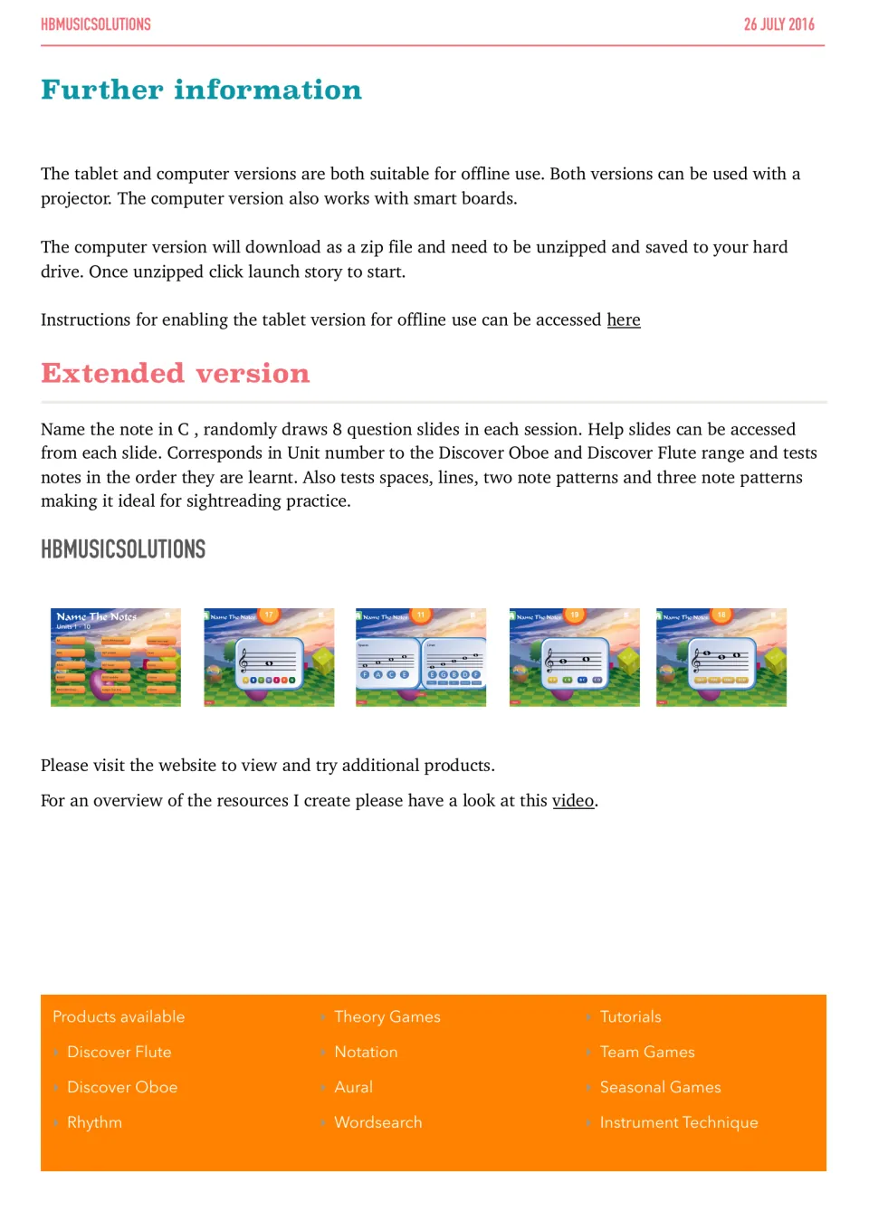 Setup notes for offline, projector and smart board use, plus an extended version testing lines, spaces and note patterns