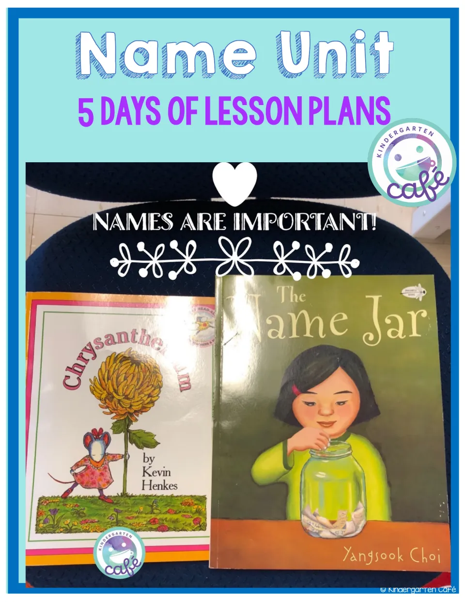 Name Unit cover: 5 days of lesson plans, Names Are Important!, shown with Chrysanthemum and The Name Jar picture books