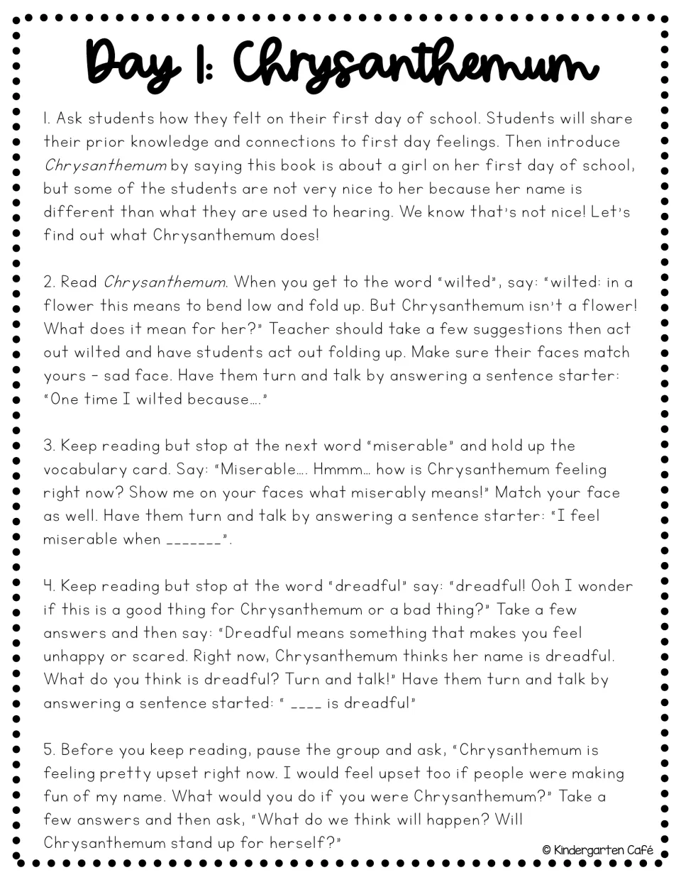 Day 1 Chrysanthemum read-aloud steps: discuss first-day feelings, act out wilted, miserable and dreadful, turn and talk