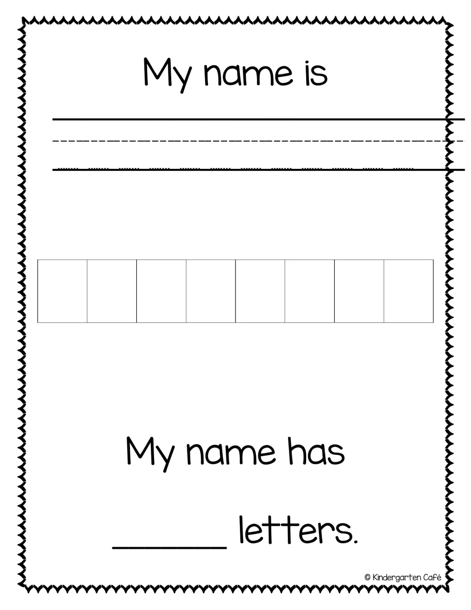 Class book page: students write My name is ___, place each letter in one of 8 spaces and fill in My name has ___ letters