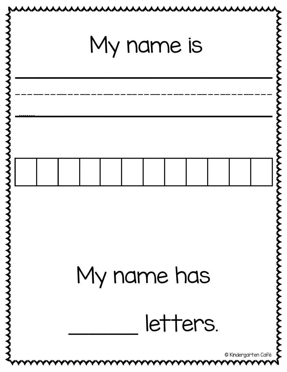 Class book page for longer names: write My name is ___, put letters in 12 spaces, then complete My name has ___ letters
