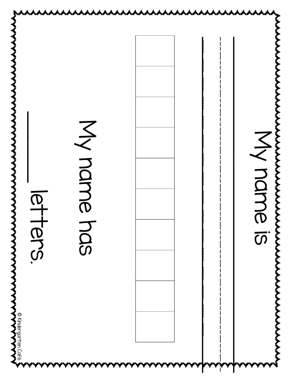Sideways class book page: write My name is ___, count letters into 10 spaces and complete My name has ___ letters