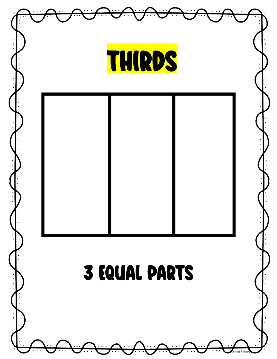 Thirds poster: a rectangle divided into three vertical sections, labeled 3 equal parts, for naming fractions