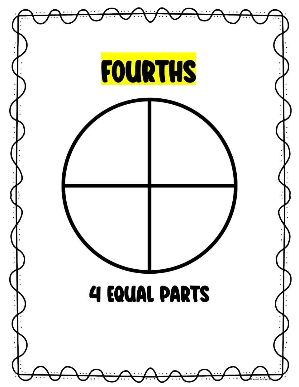 Fourths poster: a circle cut into quarters by two crossing lines, labeled 4 equal parts, for fraction vocabulary
