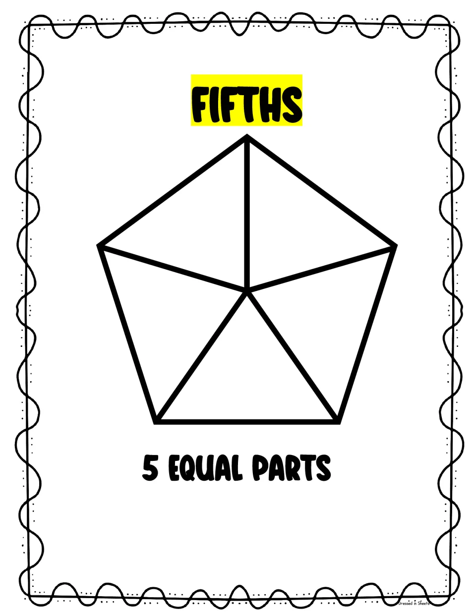 Fifths poster: a pentagon divided from its center into five triangles, labeled 5 equal parts