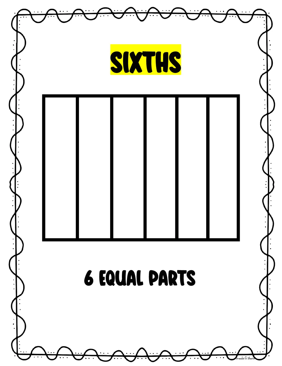 Sixths poster: a rectangle divided into six vertical strips, labeled 6 equal parts, showing one whole shared evenly