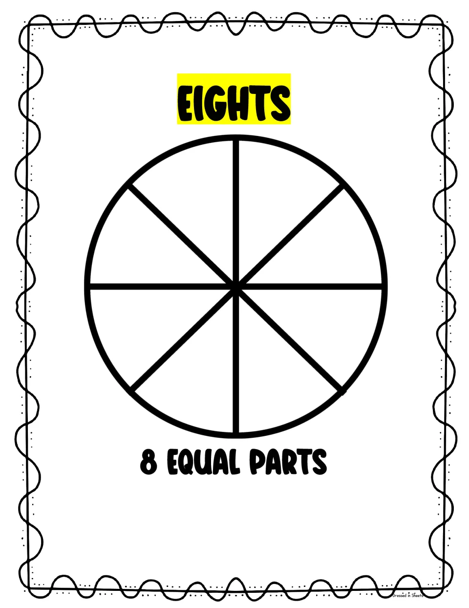 Eighths poster, printed with the heading Eights: a circle cut into eight slices, labeled 8 equal parts