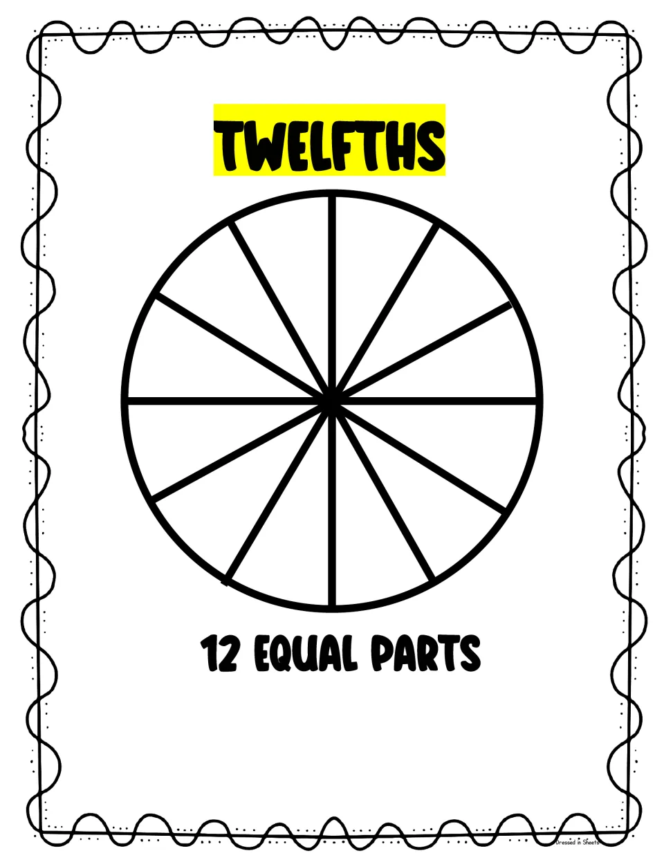 Twelfths poster: a circle split into twelve slices by six lines through the center, labeled 12 equal parts