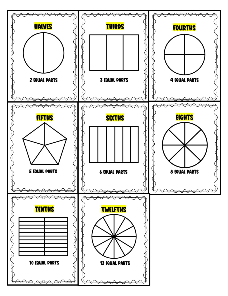 Small-card set of all eight fraction names, halves to twelfths, each with a divided shape and its equal-part count