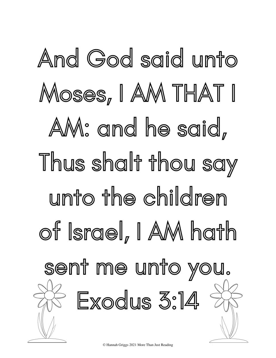 Scripture coloring page featuring Exodus 3:14, where God tells Moses, 'I AM THAT I AM,' with flowers to color