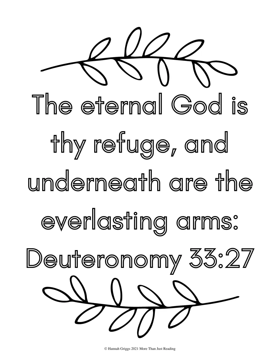 Scripture coloring page featuring Deuteronomy 33:27 about the eternal God as a refuge, with leafy branches