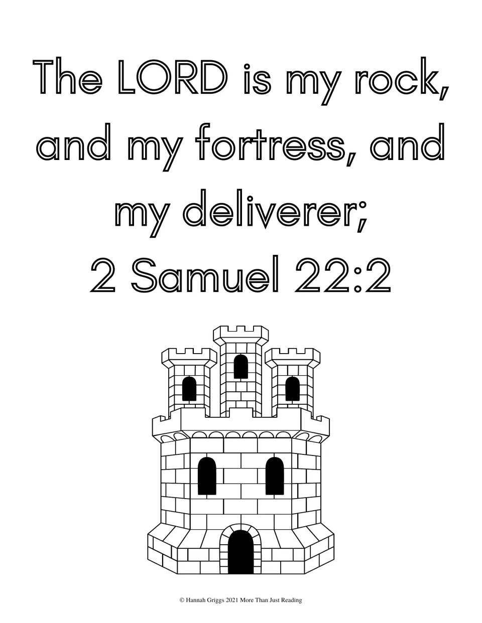 Scripture coloring page featuring 2 Samuel 22:2 about the Lord as rock, fortress, and deliverer, with a castle