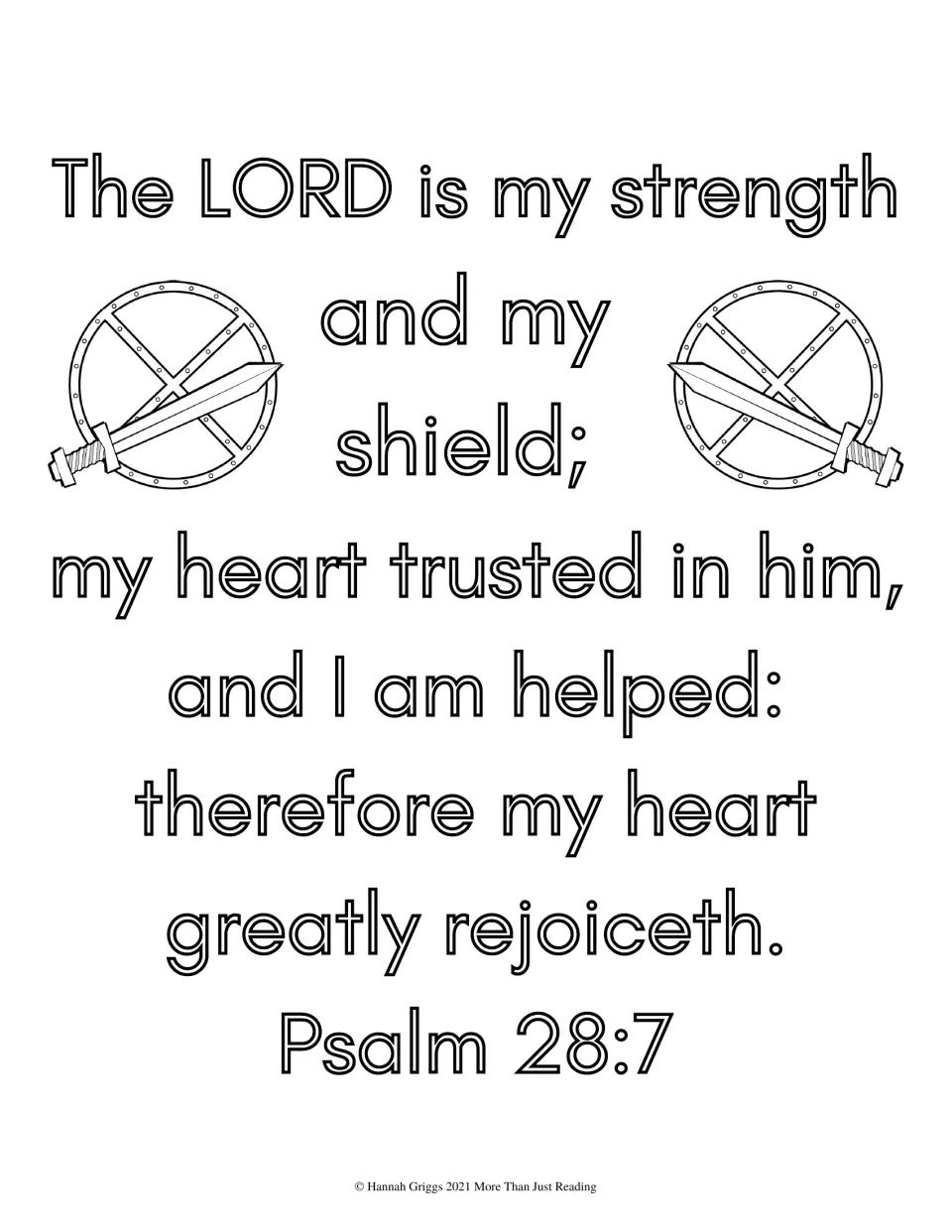 Scripture coloring page featuring Psalm 28:7 about the Lord as strength and shield, with swords and shields