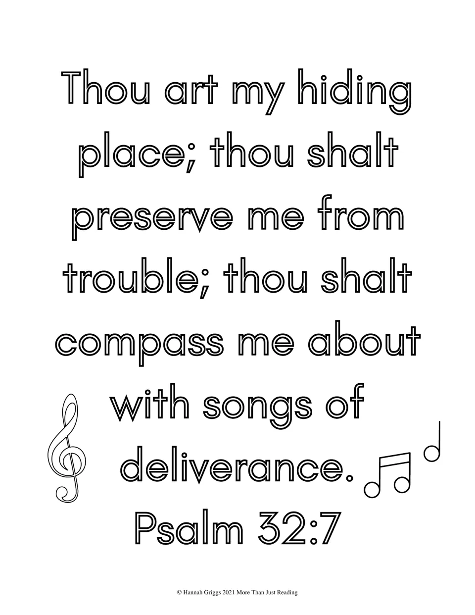 Scripture coloring page featuring Psalm 32:7 about God as a hiding place and songs of deliverance, with notes