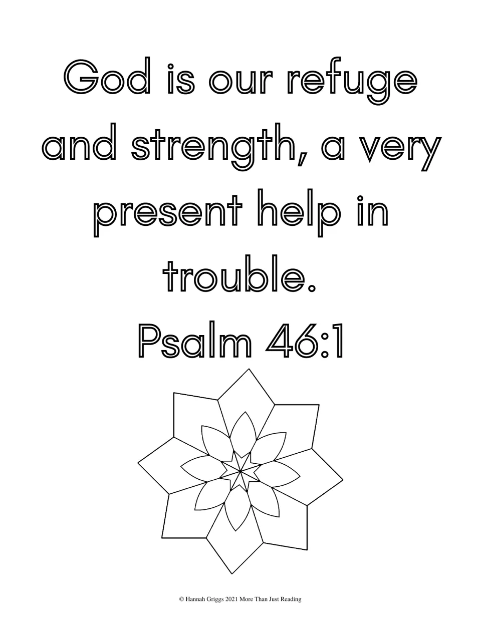 Scripture coloring page featuring Psalm 46:1 about God as refuge, strength, and help in trouble, with a flower