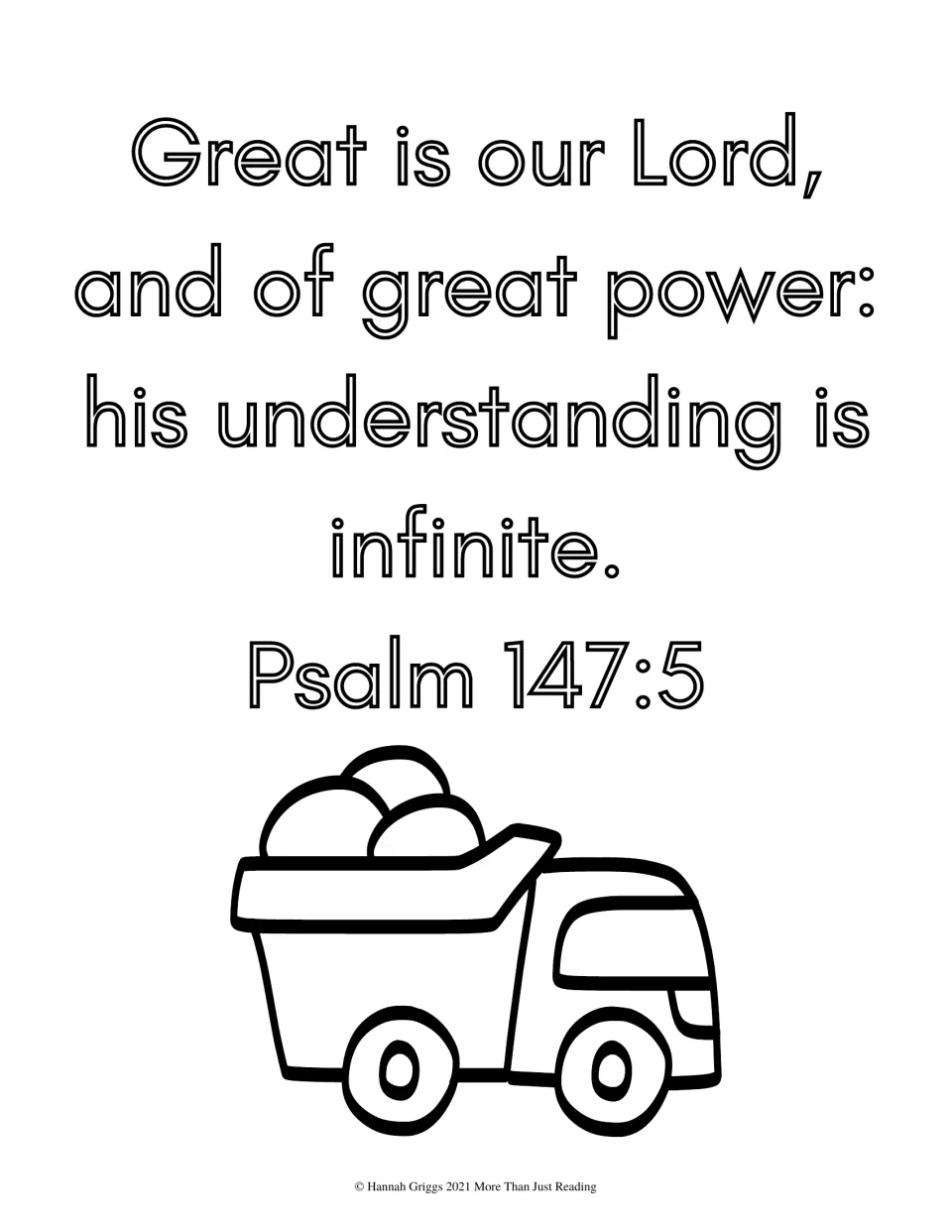 Scripture coloring page featuring Psalm 147:5 about the Lord's power and infinite understanding, with a truck