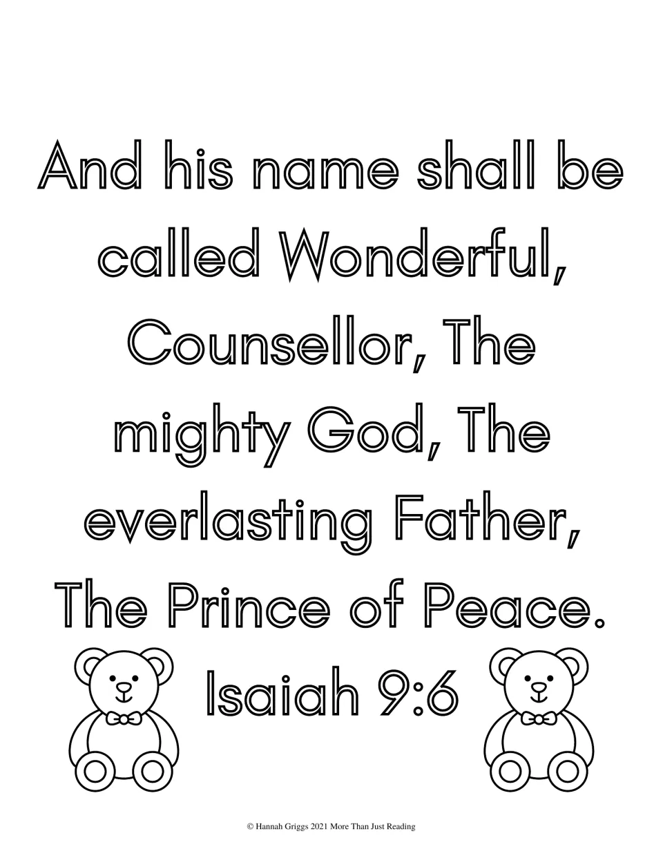 Scripture coloring page featuring Isaiah 9:6, naming Wonderful, Counsellor, mighty God, and two more titles