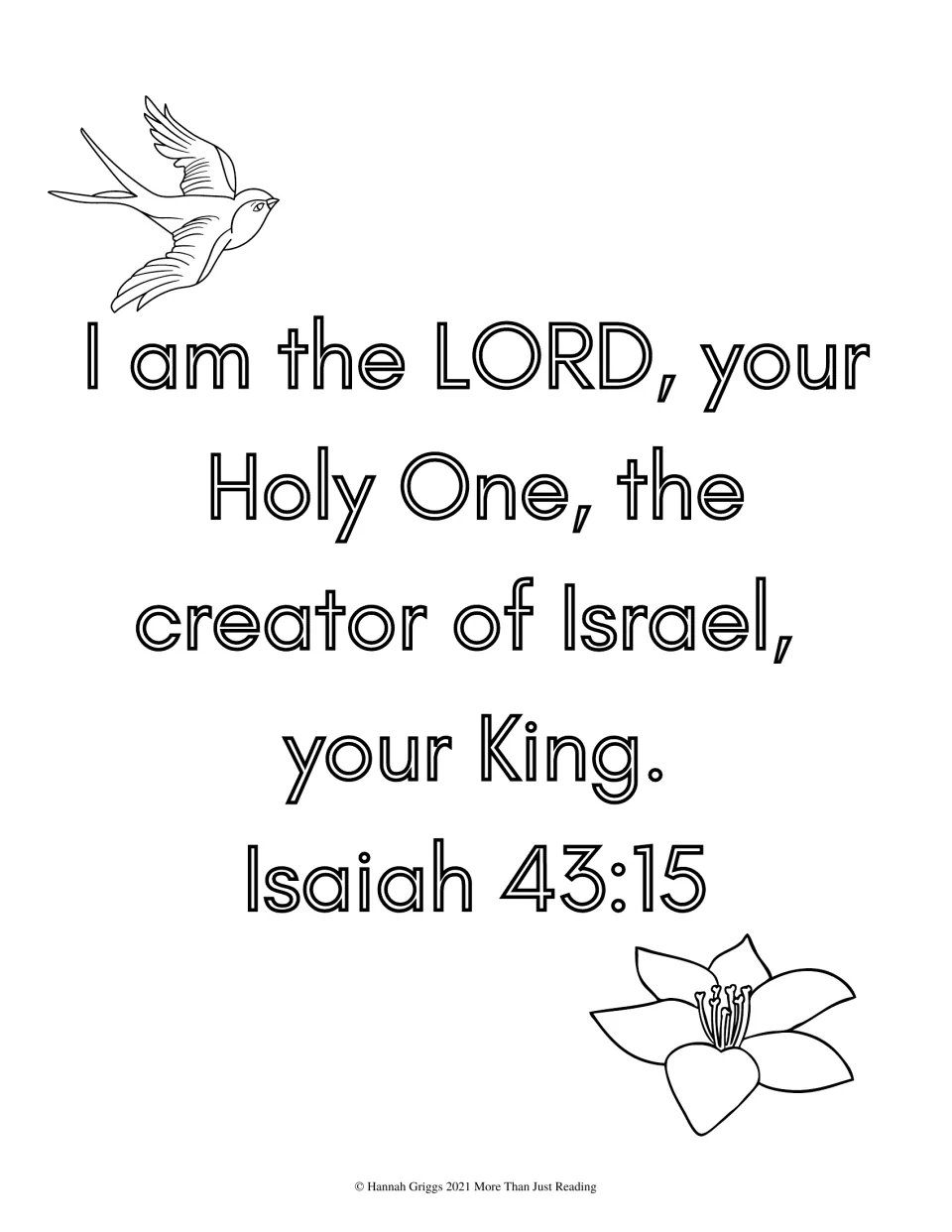 Scripture coloring page featuring Isaiah 43:15, naming the Lord as Holy One, creator of Israel, and King