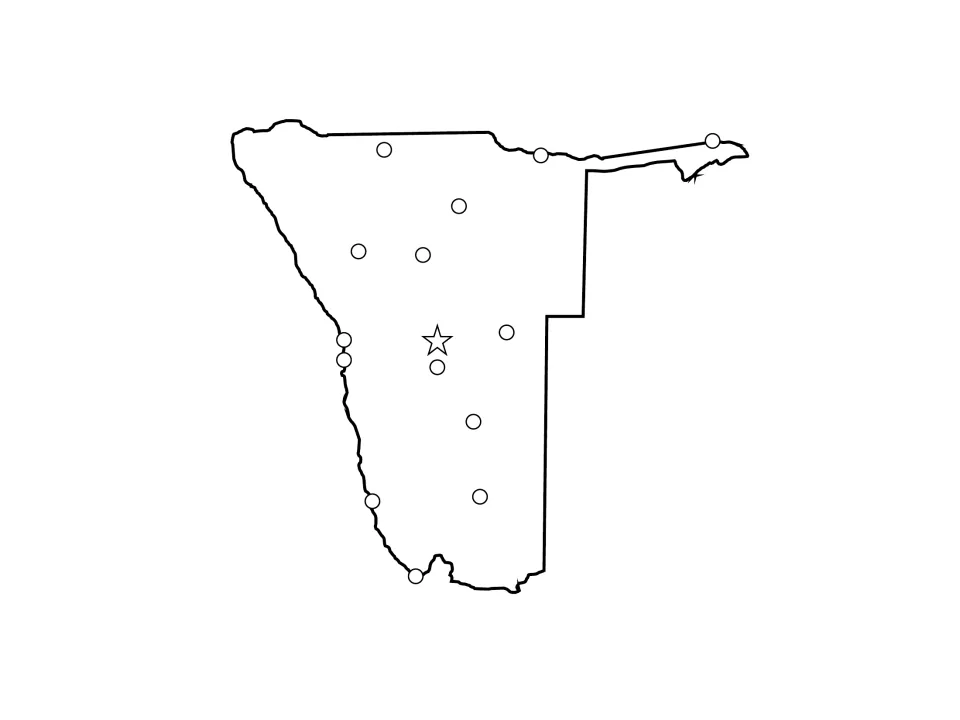 Namibia outline map marking the capital with a star and 14 unlabeled city dots; students name each location