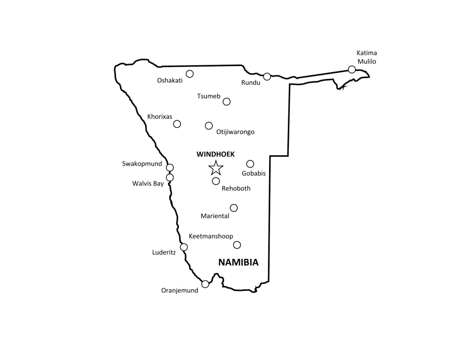 Labeled Namibia map naming Windhoek and 14 cities, from Oshakati and Katima Mulilo to Luderitz and Oranjemund