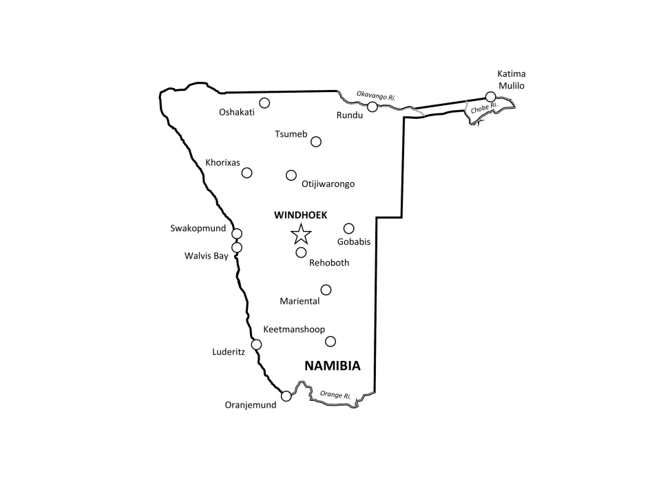 Namibia cities and rivers map labeling Windhoek, 14 cities and the Okavango, Chobe and Orange rivers
