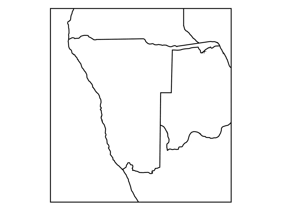 Namibia regional blank map with neighboring country borders and coastline, for students to label nearby nations