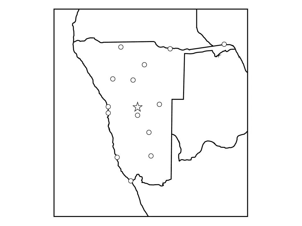 Namibia regional map with the capital star and 14 unlabeled city dots set among neighboring country borders