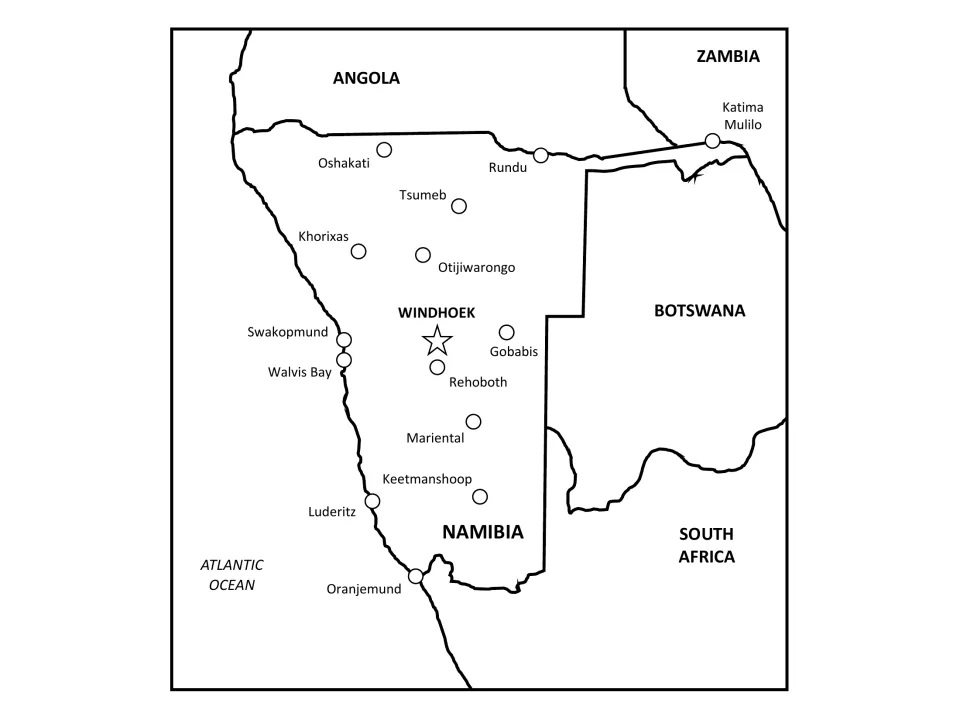 Labeled regional map of Namibia with 14 cities, Windhoek, Angola, Zambia, Botswana, South Africa and the Atlantic Ocean