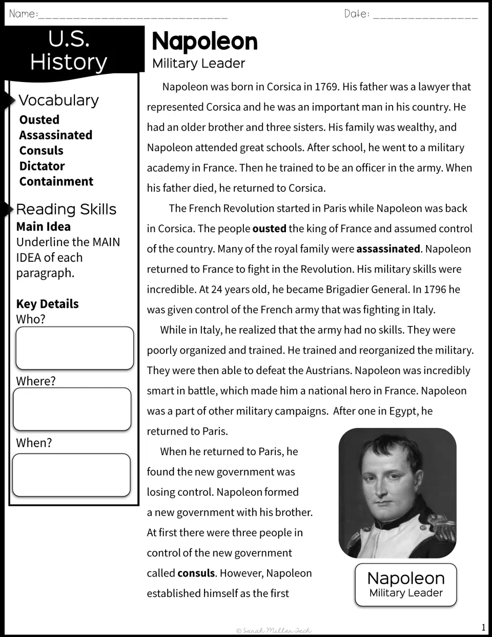 Napoleon biography passage, part 1: Corsica birth to consul; students underline main ideas and note who, where and when
