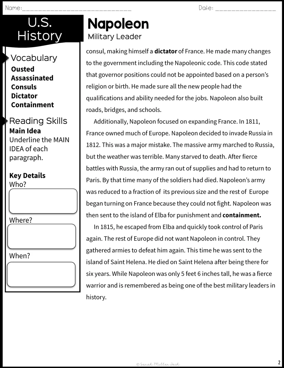 Napoleon biography passage, part 2: dictator, Napoleonic code, Russia and exile; students mark main ideas and key details
