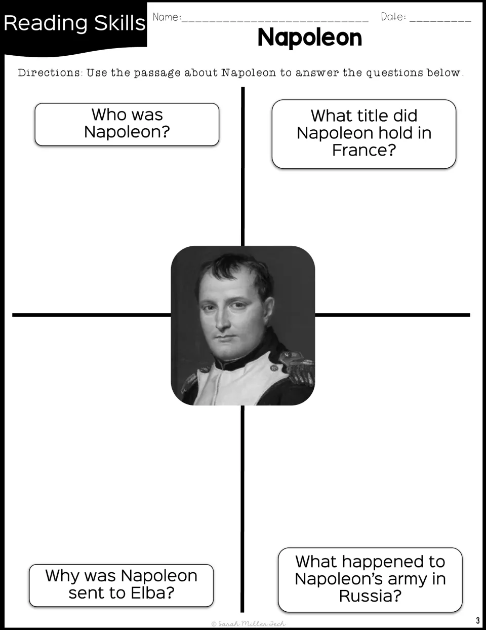 Napoleon comprehension: students answer who he was, his title in France, why he went to Elba and his army in Russia