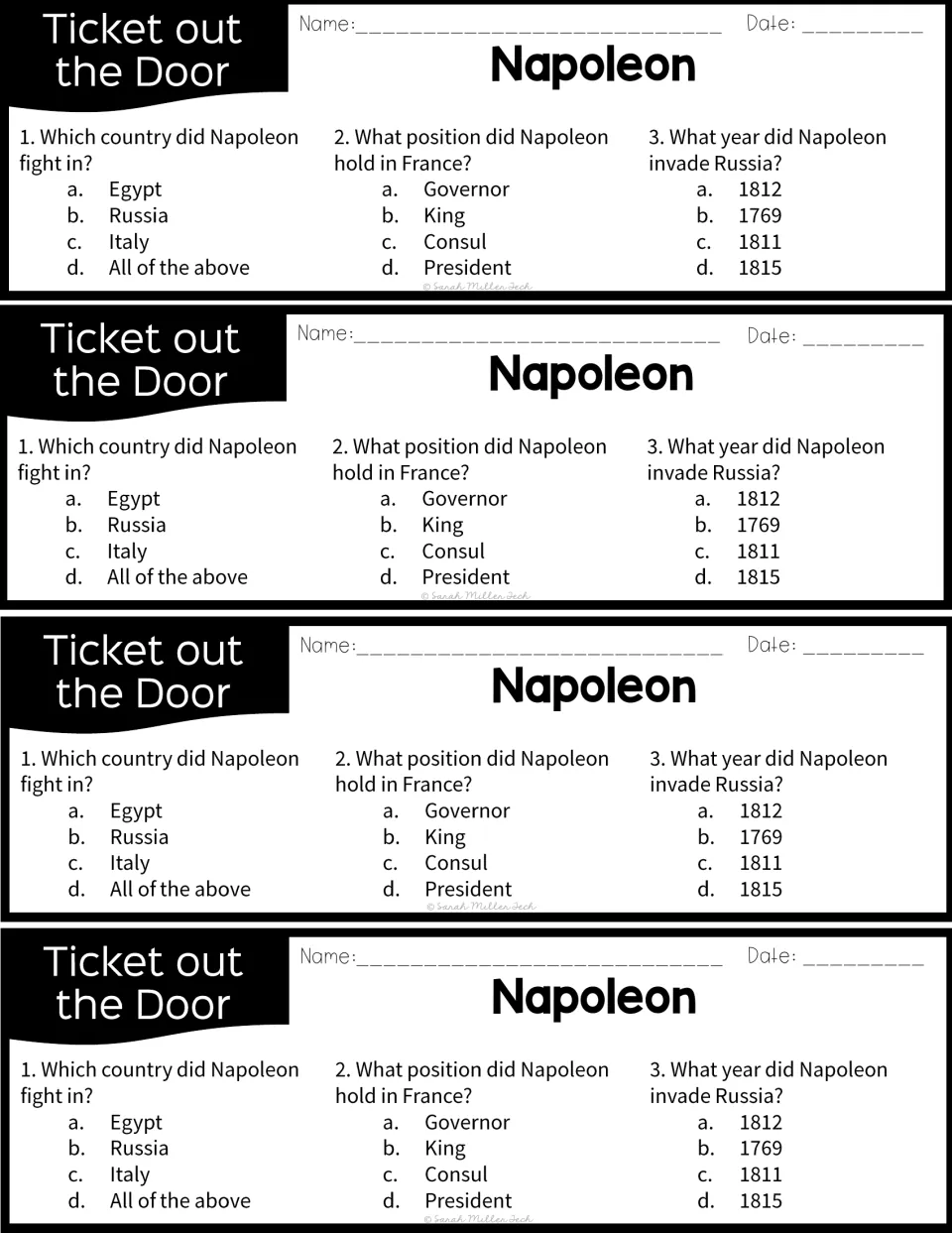 Napoleon exit tickets, four per sheet: students answer where he fought, his position in France and when he invaded Russia