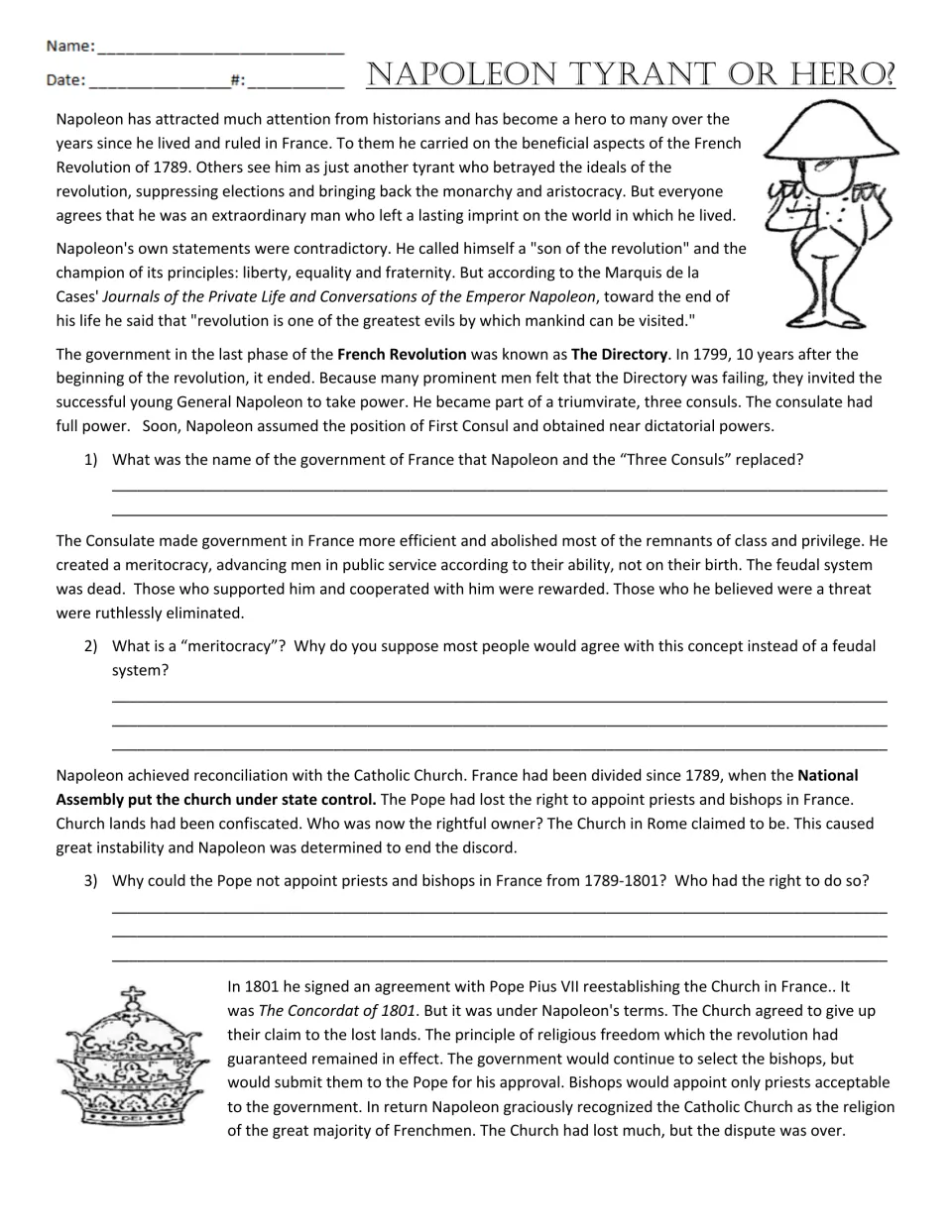 Napoleon reading and questions 1–3 on the Directory, meritocracy, and state control of the Catholic Church