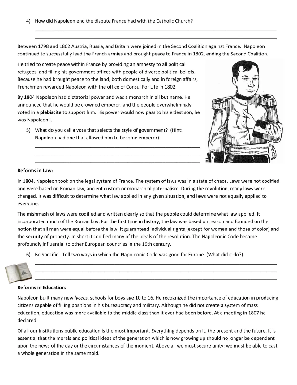 Napoleon reading and questions 4–6 on the Church agreement, plebiscite, and Napoleonic Code, plus education