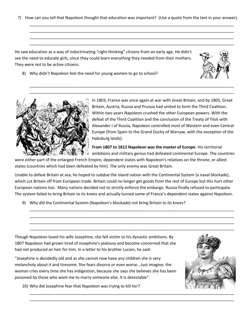 Napoleon reading and questions 7–10 on education, schooling for girls, the Continental System, and Josephine