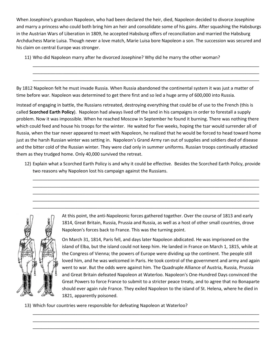Napoleon reading and questions 11–13 on his second marriage, the Russian campaign, and defeat at Waterloo