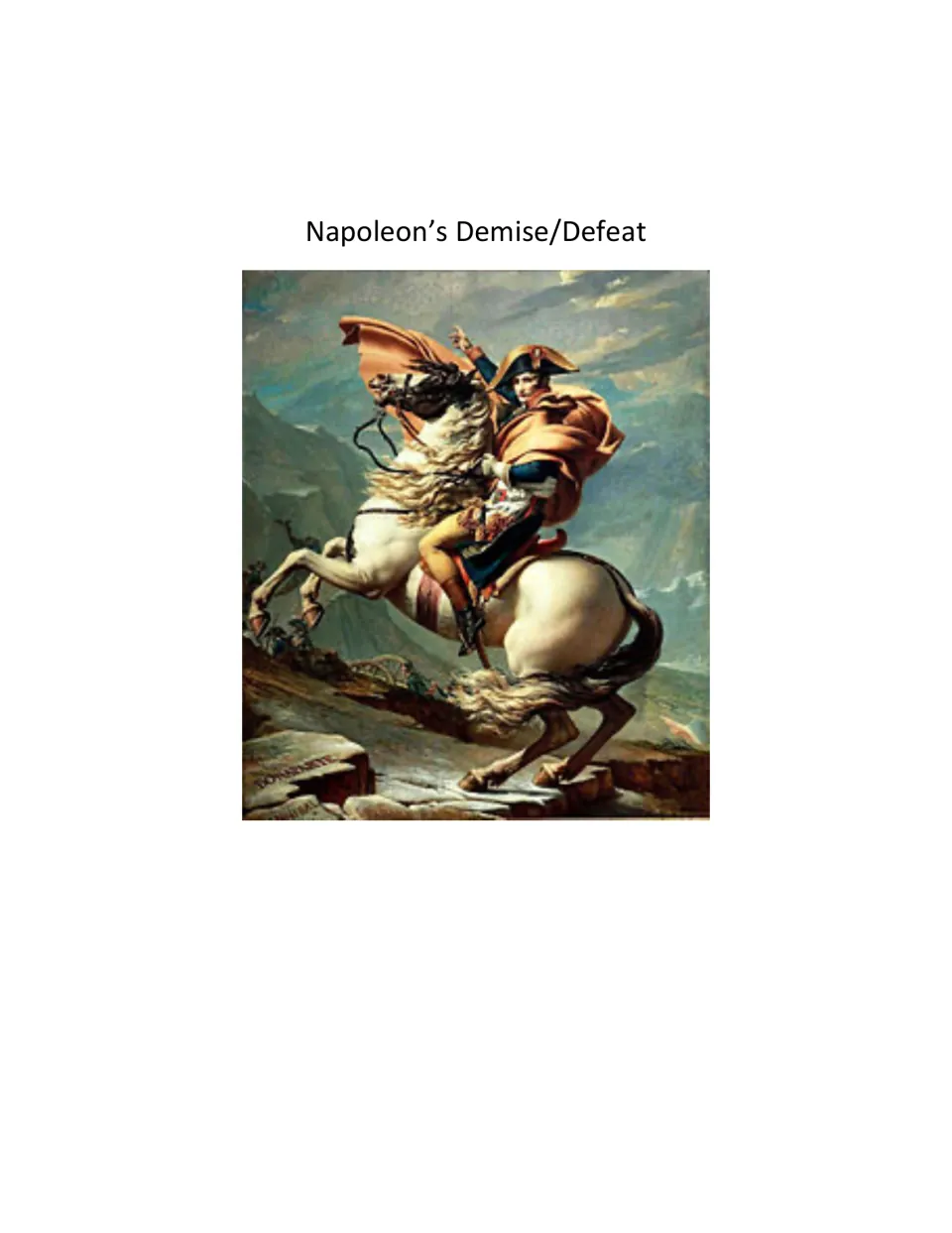 Cover of Napoleon’s Demise/Defeat lesson and worksheet set, featuring Napoleon riding a rearing horse