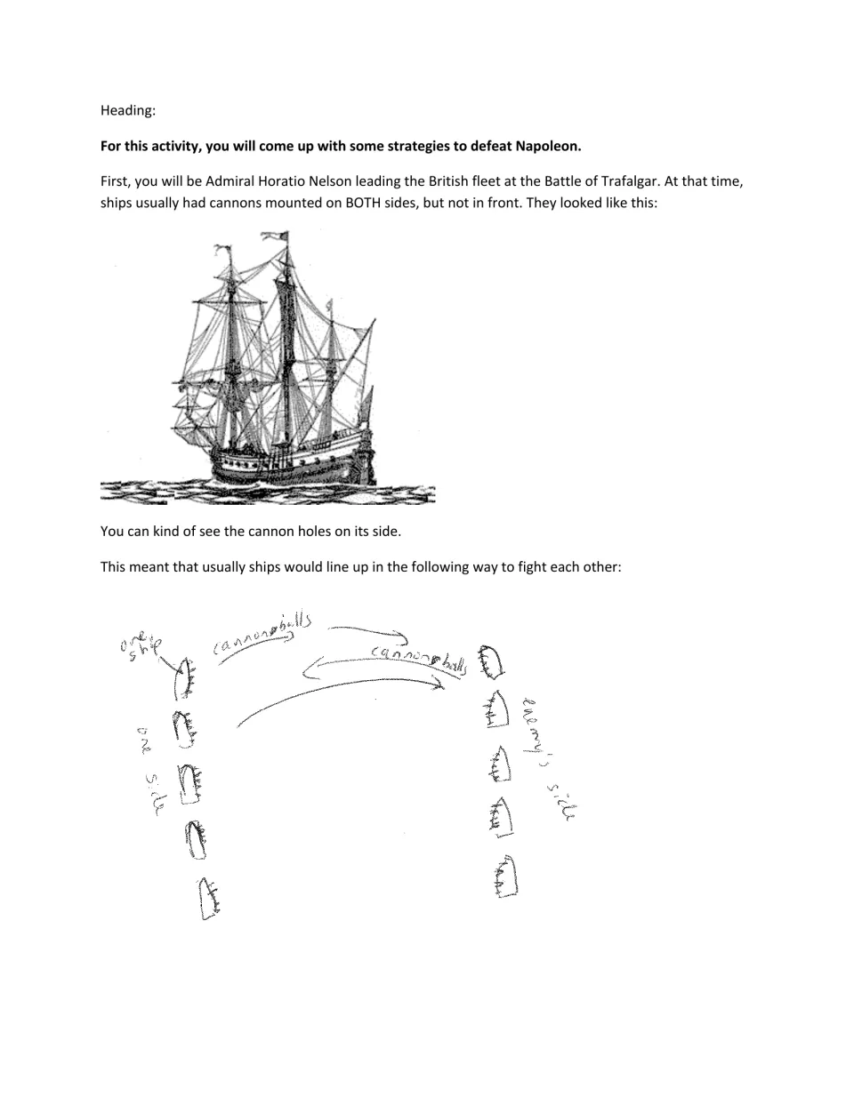 Student worksheet introduction: act as Admiral Nelson at Trafalgar, using ship and naval formation diagrams