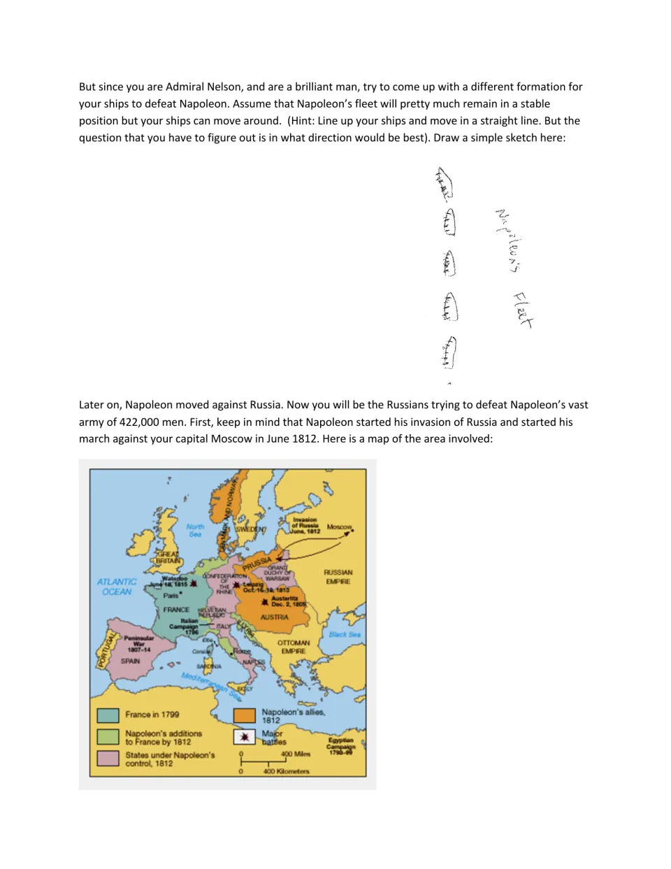 Student strategy worksheet: sketch Nelson’s fleet formation, then use a map to consider the invasion of Russia