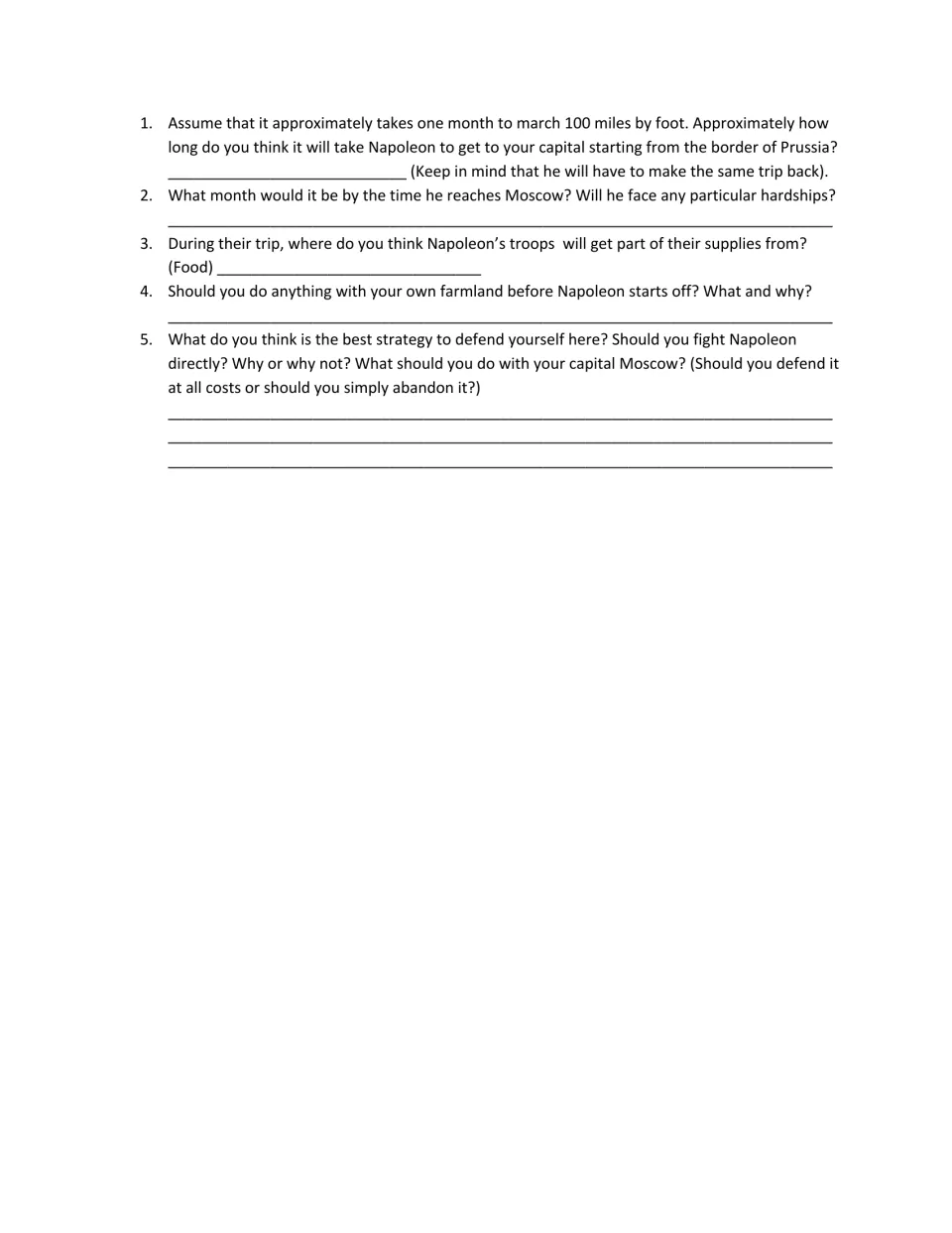 Student worksheet: five questions on travel time to Moscow, seasonal hardships, food, farmland, and defense